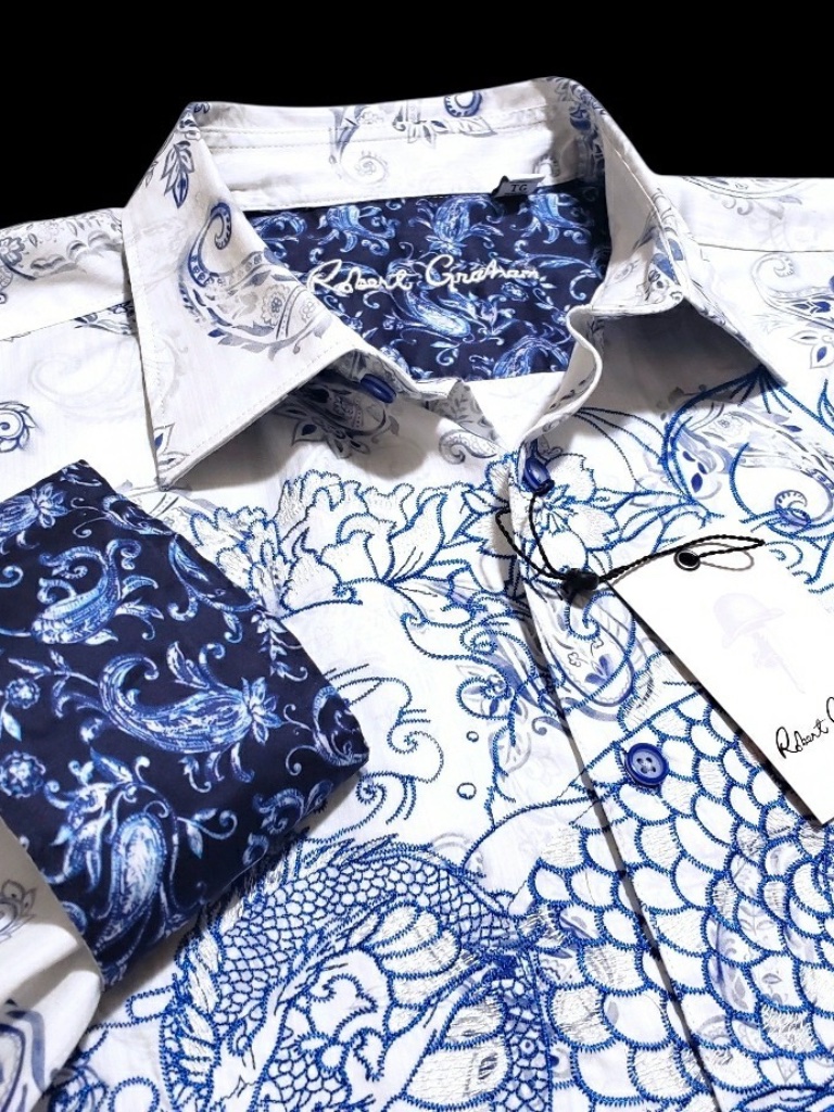 New Robert Graham $378 Embroidered Dragon Paisley Xl Blue Classic Shirt